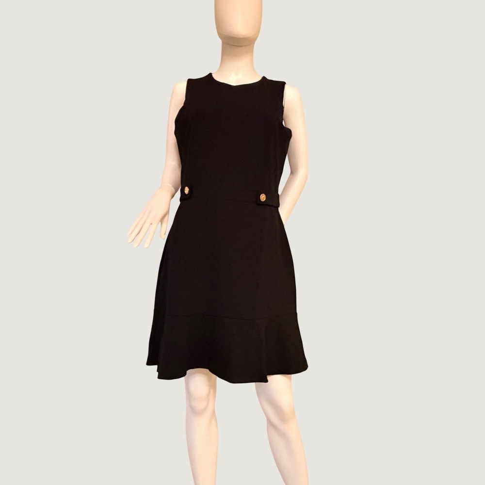 NWT Michael Kors Womens Black Sleeveless Ruffle Hem Dress MK Logo Buttons Size M